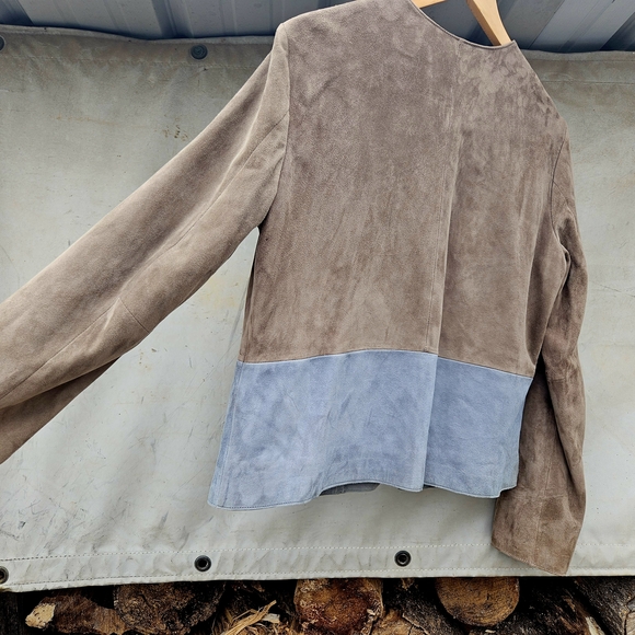 JIGSAW brand Soft Suede Two-Tone Brown & Gray Leather Jacket MINIMALIST Small - Picture 7 of 8
